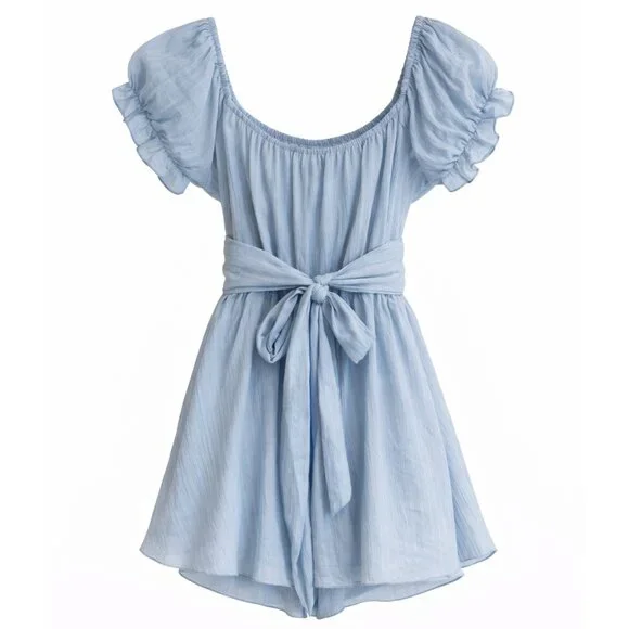 Altar’d State Haisley Double Layered Romper Pale Blue Bow Back Romper | Size SM - Picture 4 of 7